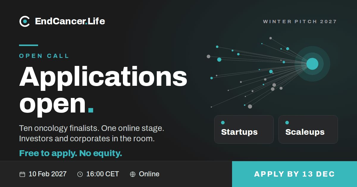 EndCancer.Life Winter Pitch 2027. Applications open. Ten oncology finalists pitch online to investors and corporates, in two categories: startups and scaleups. Free to apply, no equity. 10 February 2027, 16:00 CET, online. Apply by 13 December.